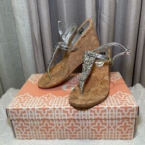 NIB Gianni Bini Cork Silver Jeweled Wedges with Box Size 9 Women's